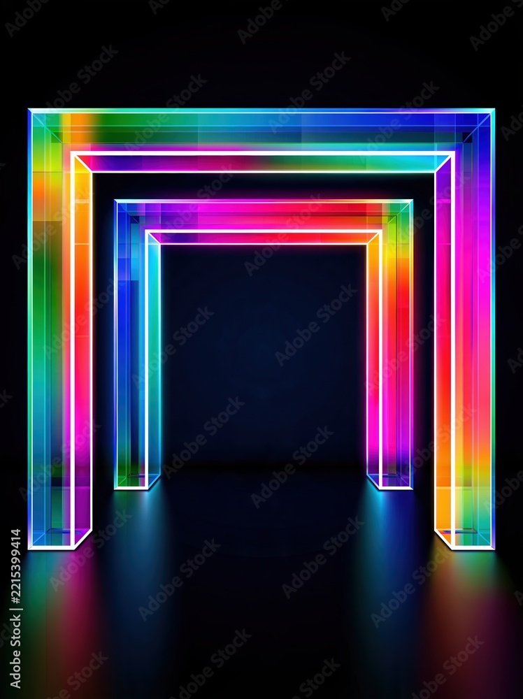 Fototapeta premium Abstract Neon Rainbow Gantry Tunnel With Glowing Colorful Frames