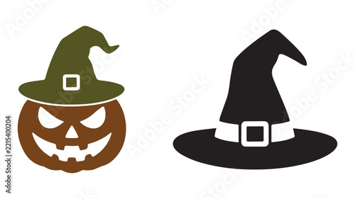 Halloween Pumpkin Witch Hat Icon Set with Spooky Jack O Lantern Illustration