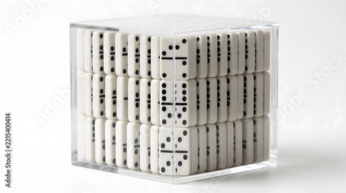 Hypervigilance Anxiety Concept with Tightly Packed White Domino Tiles in Acrylic Cube