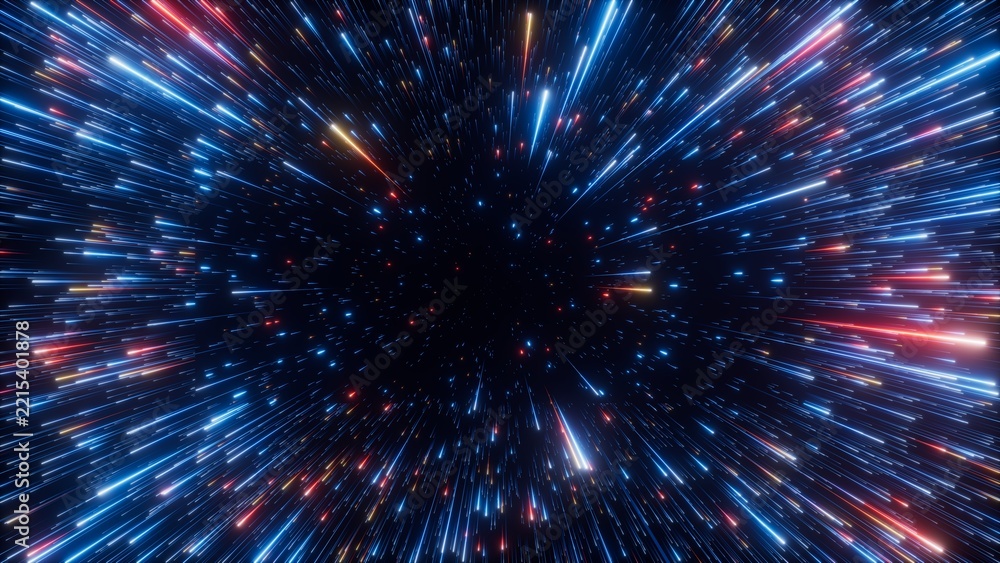 Fototapeta premium Bright neon light streaks stream toward a dark cosmic center in deep space. Dynamic abstract background for warp speed, technology, and futuristic visuals.