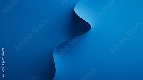 A blue wavy shape curves against a solid blue background, creating a minimalist design with smooth textures and shadows. 3d render illustration.