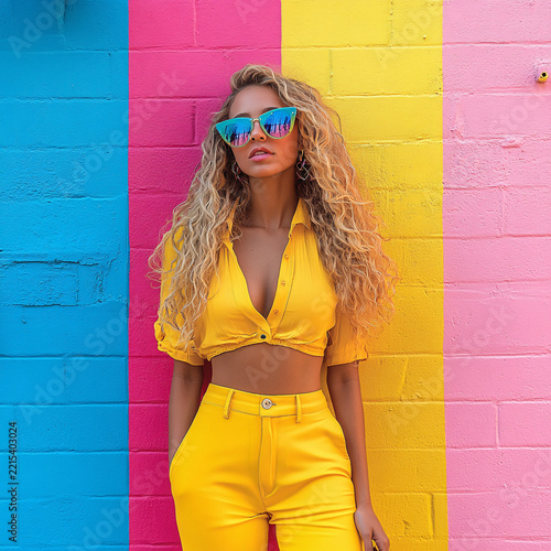 Vibrant Fashion Model Posing Against Colorful Wall