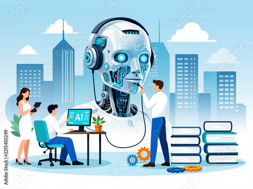 Technicians working with a giant AI robot in an office setting