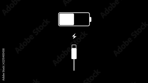 Cable Smartphone Battery Charging Animated Motion Graphic, Minimalist mobile battery charging animation with USB cable and lightning bolt icon on black background.