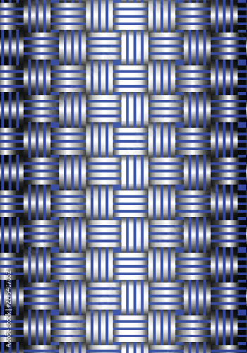 Abstract metallic weave pattern with silver gradient strips on blue