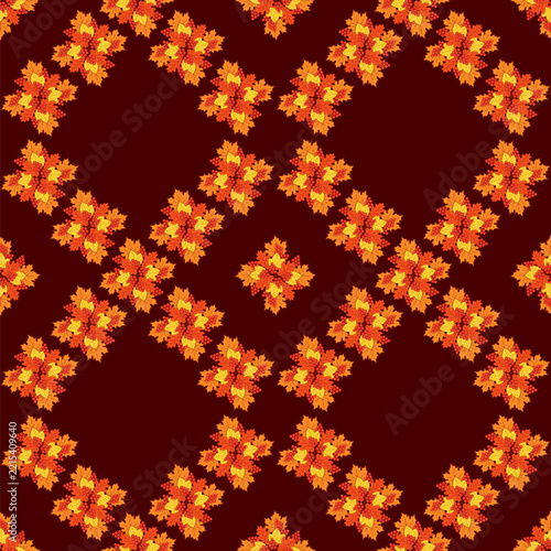 Seamless autumn pattern featuring maple, oak, and viburnum leaves and clusters of berries on a burgundy-brown background. Vector illustration of autumn wallpaper.