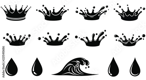 Black silhouettes of crowns and water droplets on a white background