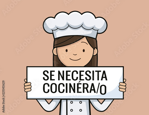 Cartoon illustration of a smiling female chef in a white toque holding a banner with the Spanish hiring phrase SE NECESITA COCINERA O on a neutral background. text chef wanted