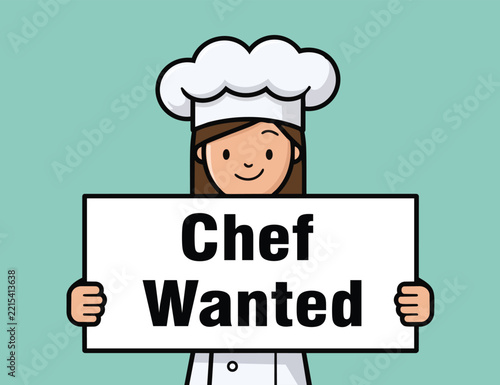 Cute cartoon illustration of a smiling female chef wearing a white uniform and hat, holding a blank recruitment board with the text text we re hiring on a light mint green background.