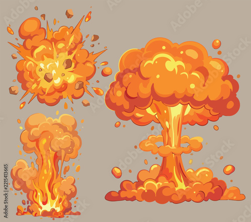 Set of cartoon fire explosion effects featuring nuclear mushroom cloud, fiery smoke puffs, and bursting sparks in comic book style isolated on background.