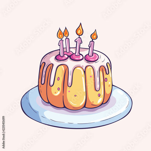 Cute cartoon birthday cake with sweet dripping icing and glowing burning candles on a plate, delicious party dessert vector illustration on light background.