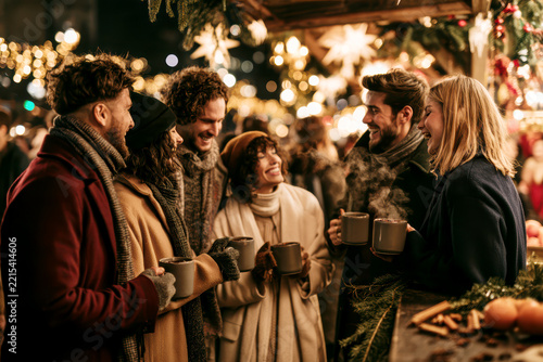 Friends Drinking Mulled Wine at Snowy Christmas Market