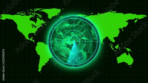 World map animation displays a radar scope over an Earth globe on dark. Surveillance tracking data coordinates guide world map. Monitoring consoles operate with map.