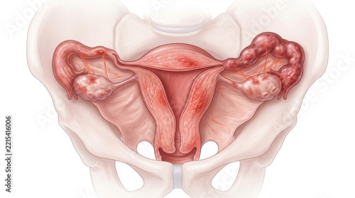 Medical illustration of female reproductive system showing endometriosis and pelvic inflammation