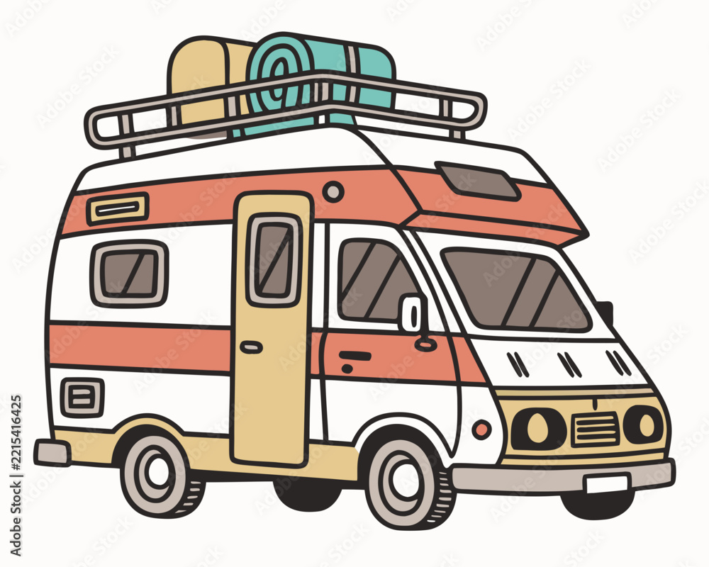 Fototapeta premium Camper van vector illustration, featuring a compact modern vehicle with sky-blue, mustard-yellow, coral-red and deep teal color sections, rounded windows, roof luggage, small camping access