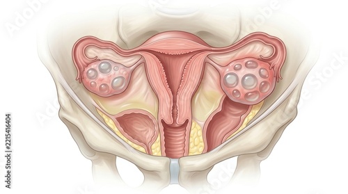 Medical illustration of polycystic ovary syndrome showing ovarian cysts in human anatomy