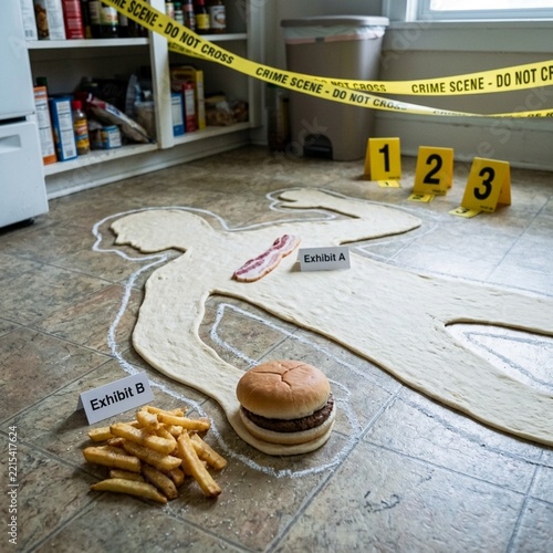 Food Crime Scene Chalk Outline of a Burger and Fries with Bacon Victim