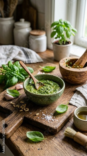 Fresh Basil Pesto Sauce in Bowl with Ingredients Mortar and Pestle on Wooden Board Culinary Food Photography