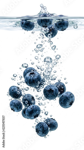 Fresh Blueberries Dropping into Water Splash and Bubbles Isolated on White Background