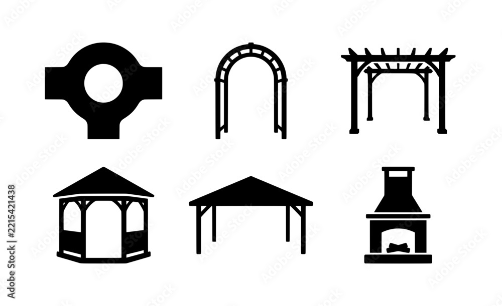 Naklejka premium Outdoor structures silhouettes set with pergola, gazebo, archway, pavilion and fireplace for landscape design