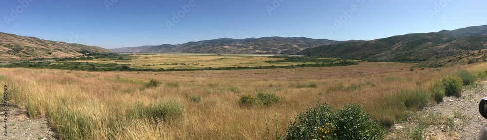 Naklejka premium Panoramic view of a dry grassy valley with rolling hills