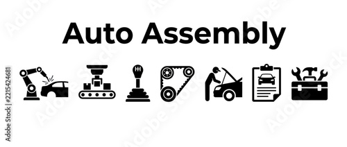 Auto Assembly vector icon set, black automotive manufacturing and repair symbols for industrial design projects