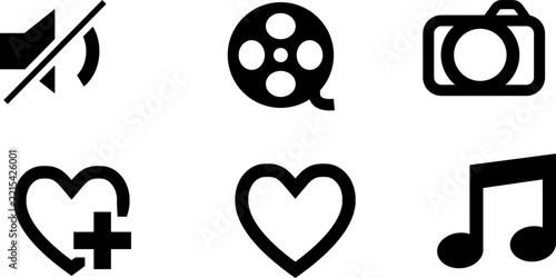 Multimedia And Social UI Icon Set Featuring Camera, Film, Music, Heart, And Mute Symbols.
