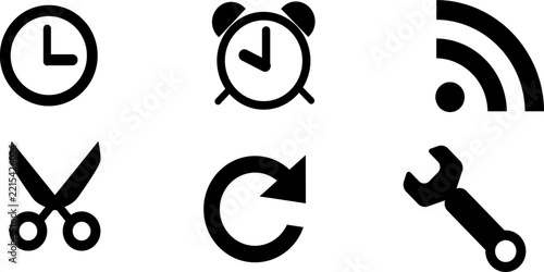 Black Interface Icon Set Featuring Clock, Alarm Clock, RSS, Scissors, Refresh and Wrench Symbols.