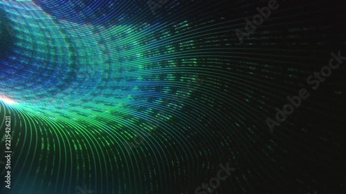 Futuristic cyberspace animation flying through a glowing blue and green data tunnel. High-speed network streams and neon matrix lines illustrate technology, coding, and virtual reality concepts.