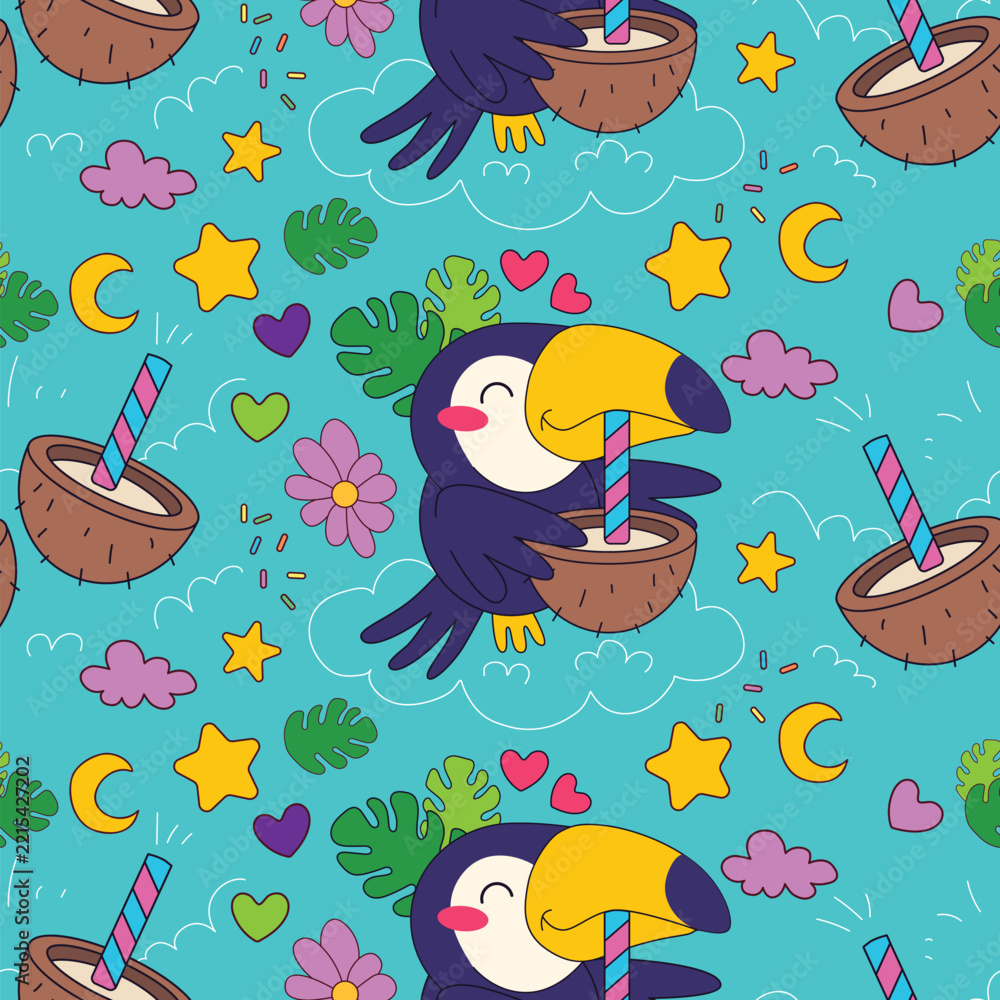 Fototapeta premium Brazilian carnival toucan drinking coconut cocktail seamless pattern vector blue. Cute toucans sipping fresh coconut juice through straw tropical leaves stars hearts bright turquoise background