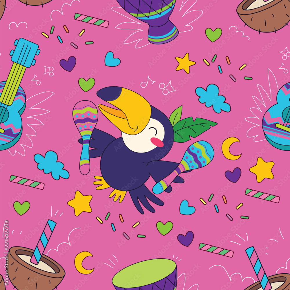 Fototapeta premium Brazilian carnival toucans musical party seamless pattern vector illustration pink. Funny toucans shaking maracas ukuleles drums coconut drinks bright magenta background celebrating festival