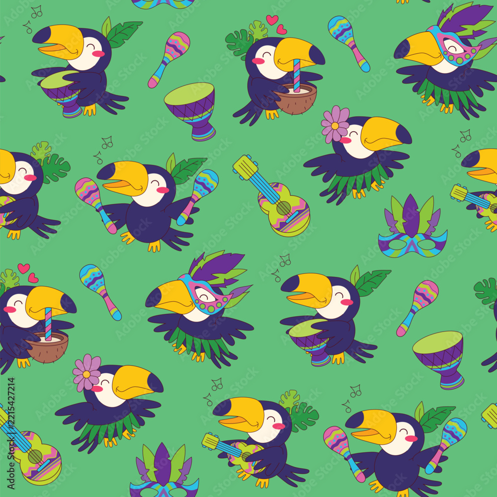 Fototapeta premium Brazilian carnival toucan birds seamless pattern festive background vector green. Cute toucans playing musical instruments dancing wearing carnival masks tropical leaves flowers bright green backdrop