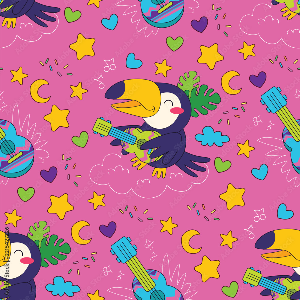 Fototapeta premium Brazilian carnival toucan playing guitar seamless pattern vector illustration pink. Cute toucan birds sitting on clouds playing ukulele colorful stars hearts night sky vibrant pink background