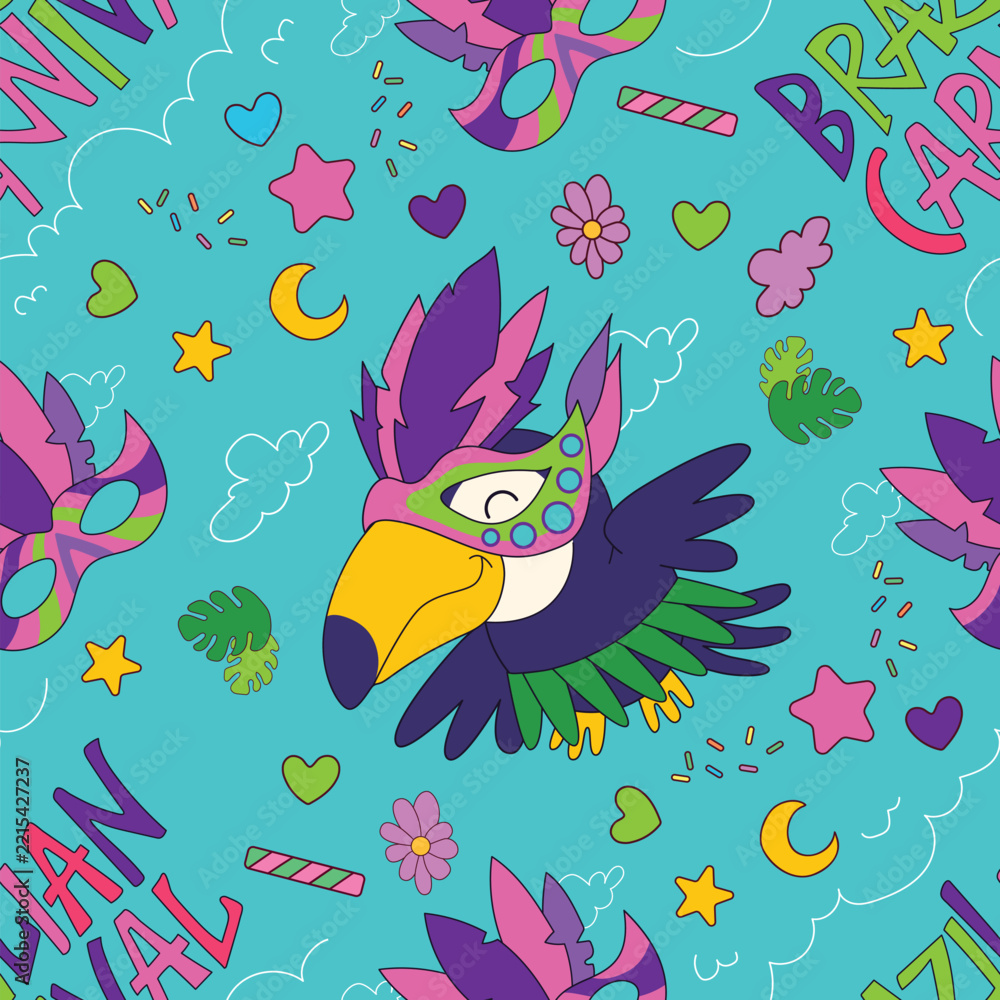 Fototapeta premium Brazilian carnival toucan feather mask seamless pattern vector illustration blue. Cute toucan heads wearing colorful feather carnival masks text lettering stars flowers bright turquoise background