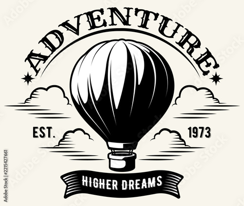 Vintage hot air balloon emblem with ribbon banner and clouds for retro adventure travel logo and badge vector design.