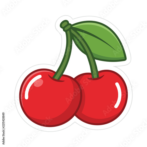 Illustrated Red Cherries with Green Leaf Isolated