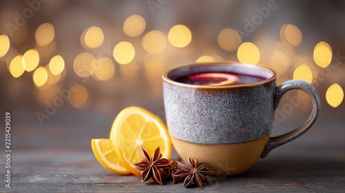 Cozy winter scene with mulled wine in rustic mug and citrus, warm bokeh lights in background