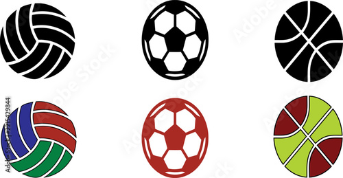 Set of various sports ball icons including volleyball soccer and basketball in black and colorful styles