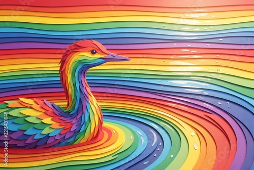 Rainbow paper craft bird swimming in colorful waves