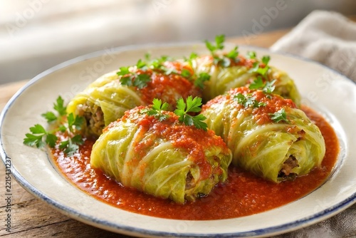 Traditional stuffed cabbage rolls in tomato sauce garnished with parsley