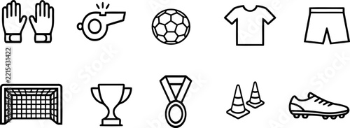 Set of soccer sport equipment icons including ball goal trophy whistle and uniform in simple outline style