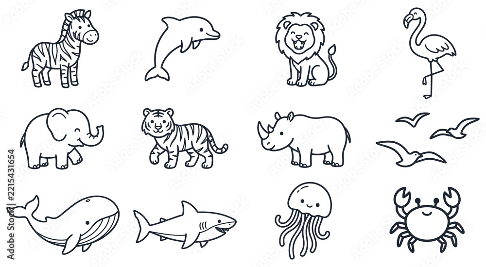 Obraz premium Set of wild exotic animals in simple line art style.