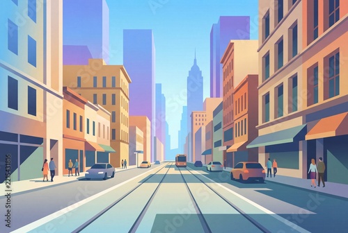 City street with tram tracks cars and pedestrians