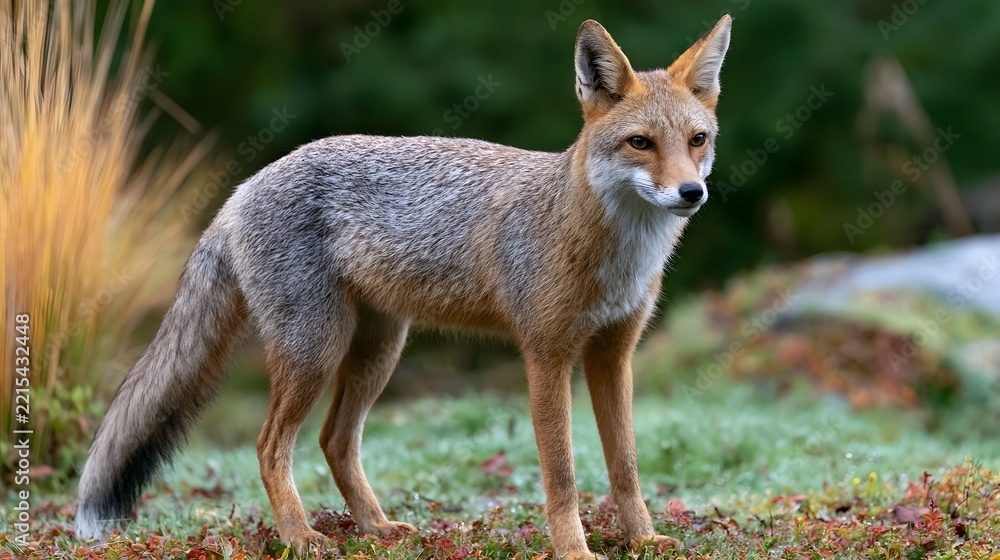 Fototapeta premium A red fox stands alert in a grassy field with blurred foliage in the background showcasing its detailed fur and attentive expression