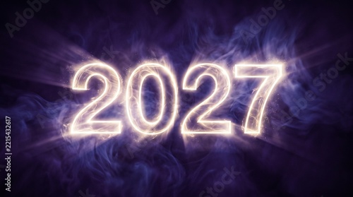 Glowing 2027 Numbers Emerging from Purple Smoke and Mist on Dark Mystical Background for New Year