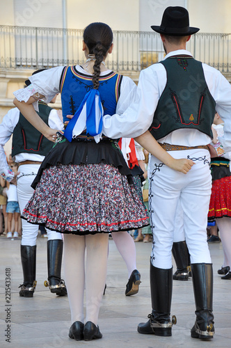 Dancers performing and wearing traditional folk costumes from Slovakia