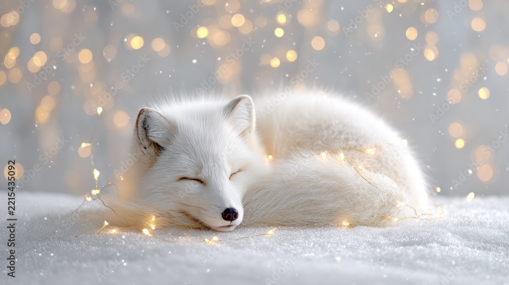 Fototapeta premium Serene arctic fox resting in snow with warm glowing bokeh lights in winter wonderland