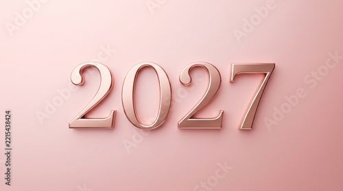 Soft Rose Gold 3D 2027 Numbers on Pastel Pink Background with Gentle Shadow for Feminine New Year