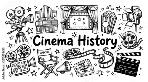 Cinema History Hand Drawn Doodle Set