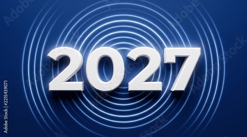 Bold White 2027 Numbers on Blue Concentric Circle Background with Glowing Rings for Dynamic New Year